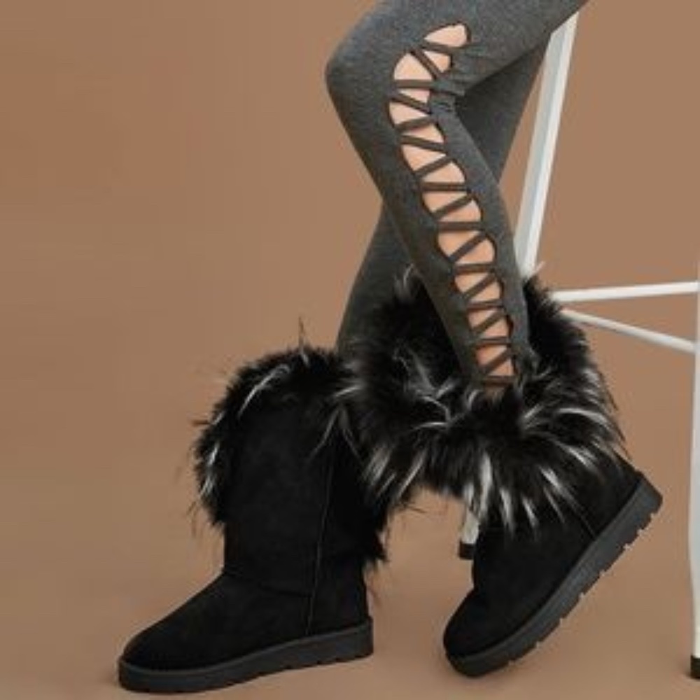 Asymmetrical Faux Fur Pull On Boots in Black - Picture 5 of 9